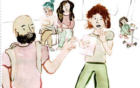 A watercolour illustration of a group of adults. In the foreground, a man with a beard is gesturing whilst a women reads from a script. Two more women are sat in the background, and a child is playing with a scooter.